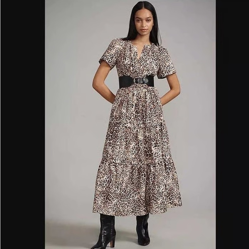 Anthropologie Leopard Print Maxi Dress in Beige and Black
